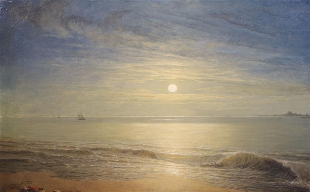 Charles Lees (1800-1880) Tranquil coastal landscape under moonlight 18.75 x 29.5in.